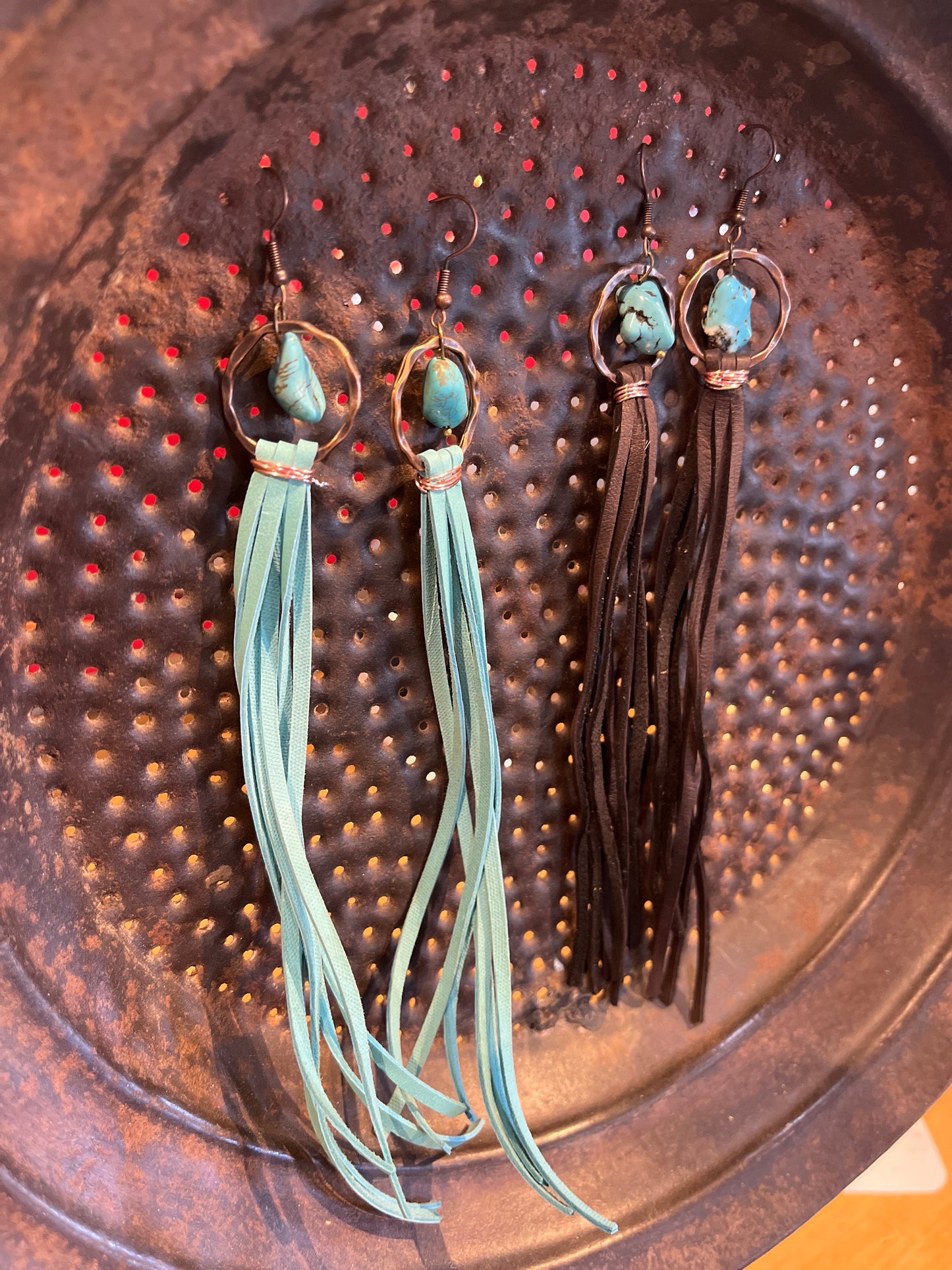 Faux Turquoise Drop Earrings w/ leather tassel