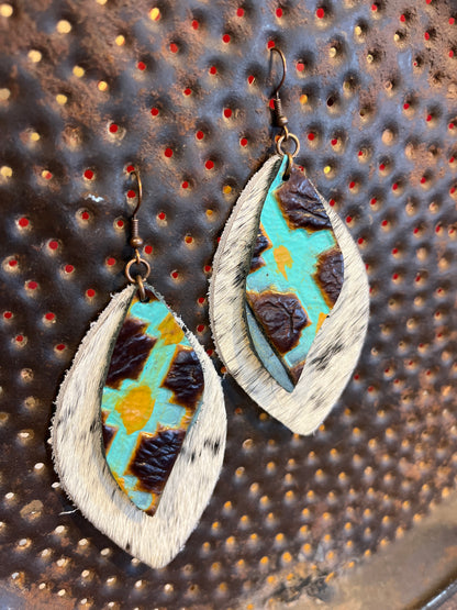 Teardrop cowhide and embossed leather earrings