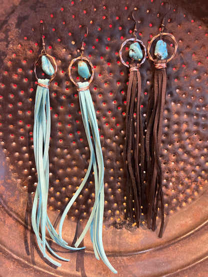 Faux Turquoise Drop Earrings w/ leather tassel