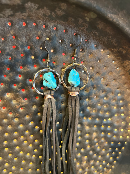 Faux Turquoise Drop Earrings w/ leather tassel