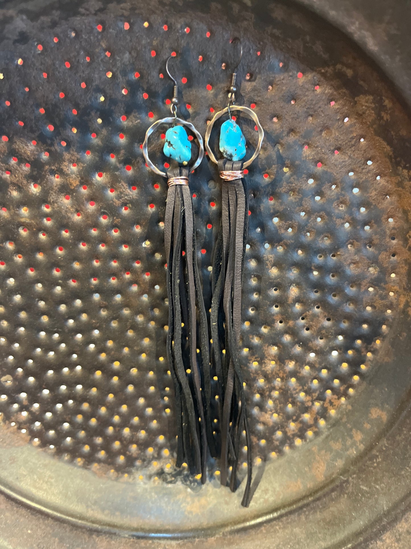 Faux Turquoise Drop Earrings w/ leather tassel