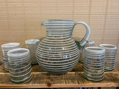 White Stripe Blown Glass Pitcher Set