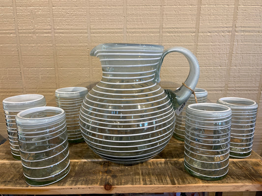 White Stripe Blown Glass Pitcher Set