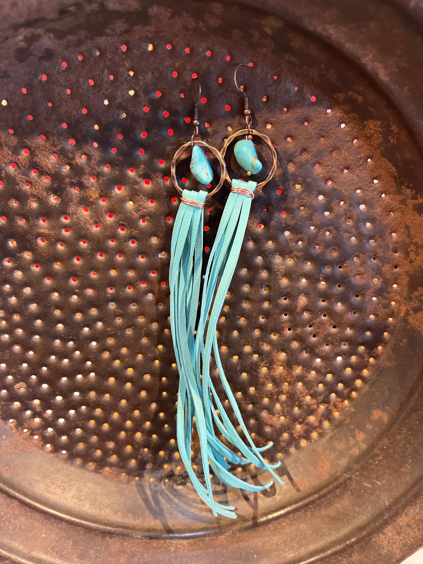 Faux Turquoise Drop Earrings w/ leather tassel