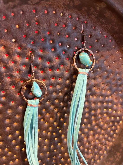 Faux Turquoise Drop Earrings w/ leather tassel