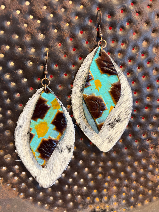 Teardrop cowhide and embossed leather earrings