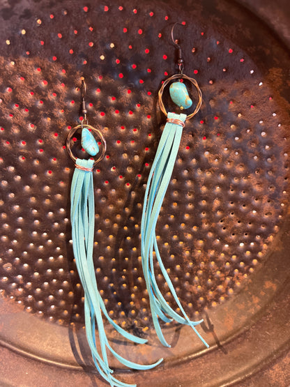 Faux Turquoise Drop Earrings w/ leather tassel